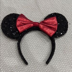 Disney Parks Minnie Mouse Classic Black Sequin Ears with Red Bow Headband